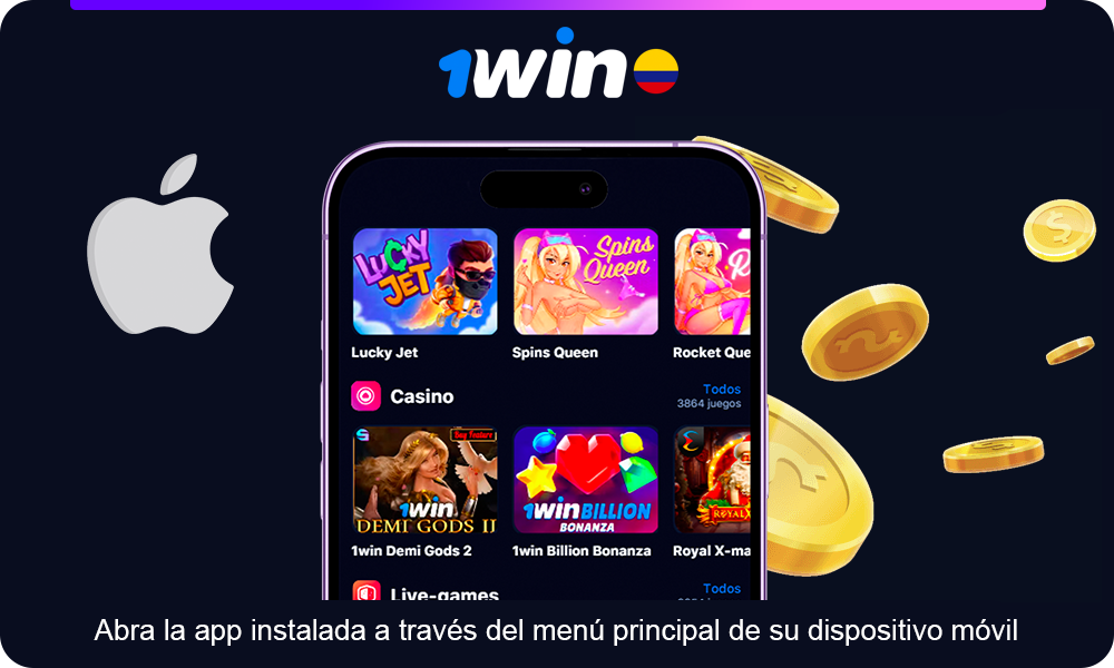 Abra la aplicación 1win instalada para iOS a través del menú principal de su dispositivo móvil